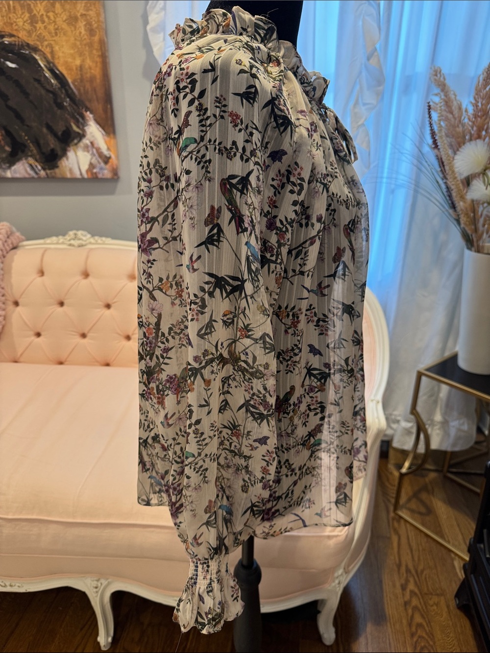 H&M Ivory Sheer Floral Tie-Neck Blouse with Multicolor Print - Picture 3 of 9